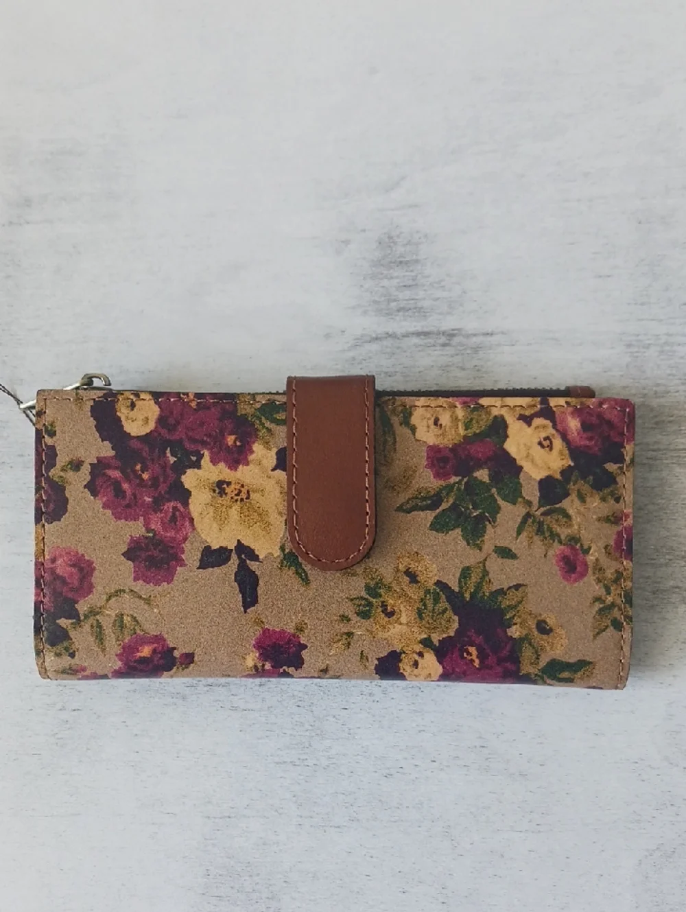 Patricia Nash Nazari Floral Leather Bi-Fold Wallet RFID Antique Rose Tan Red